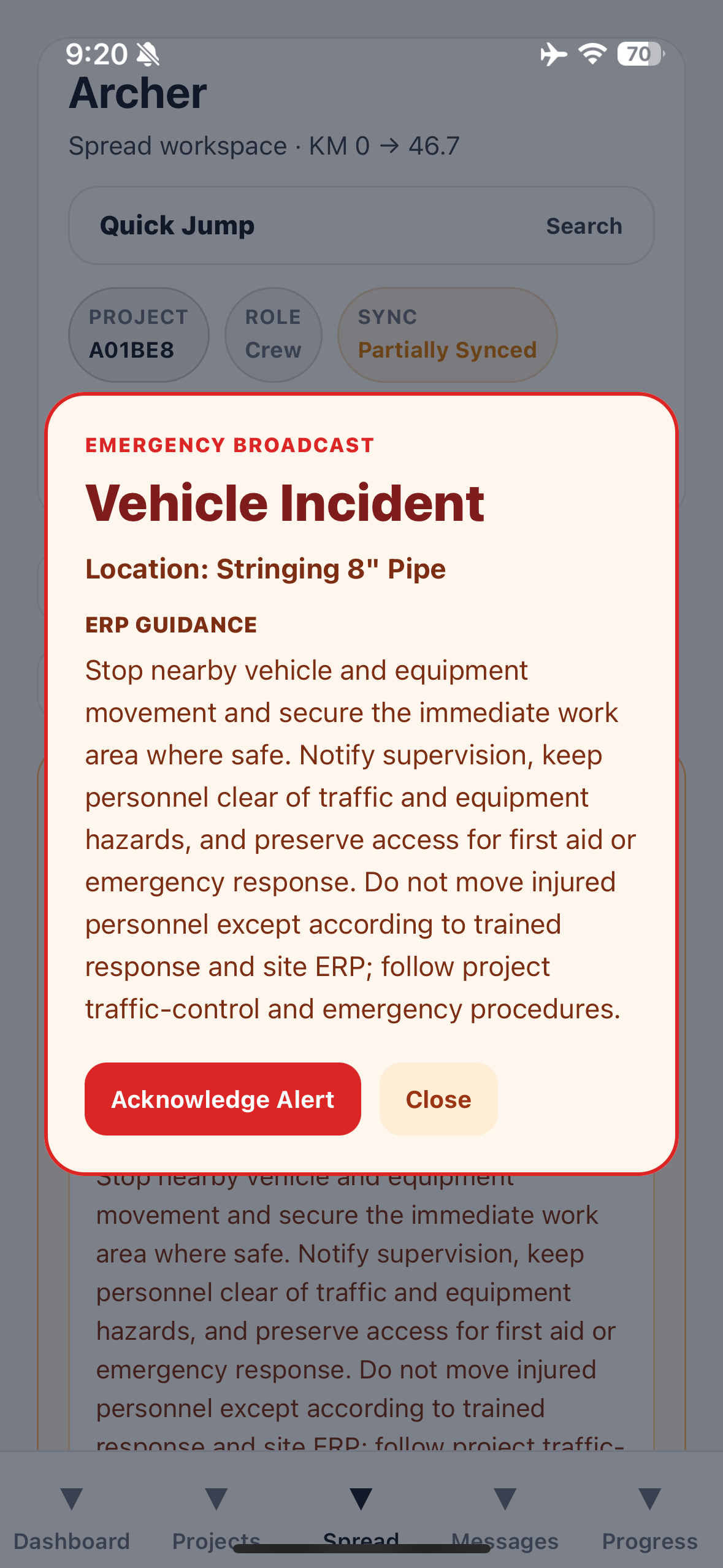 PipeHive mobile emergency broadcast showing Vehicle Incident ERP guidance and alert acknowledgement.