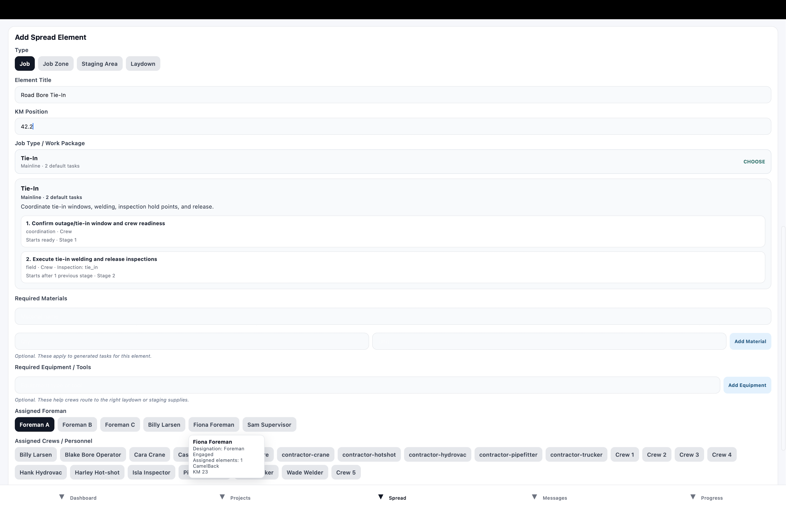 PipeHive spread element creation screen with tie-in work package, tasks, materials, equipment and personnel assignment.